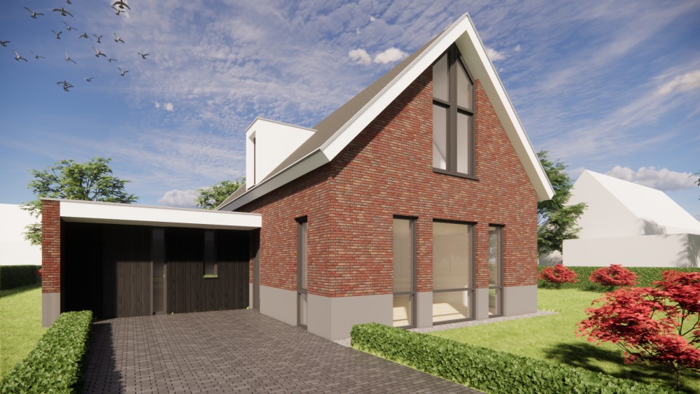 Afbeelding van Vrijstaande moderne woning met rood metselwerk en zadeldak met gegolfde dakpannen - 7b42fe5a-8dd0-4f85-a1c9-40271e30c742