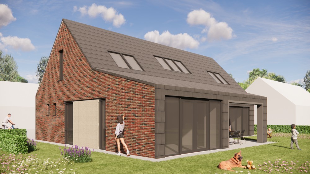 3D Render van schuurwoning met zadeldak, donkere gevelsteen en houten accenten 5