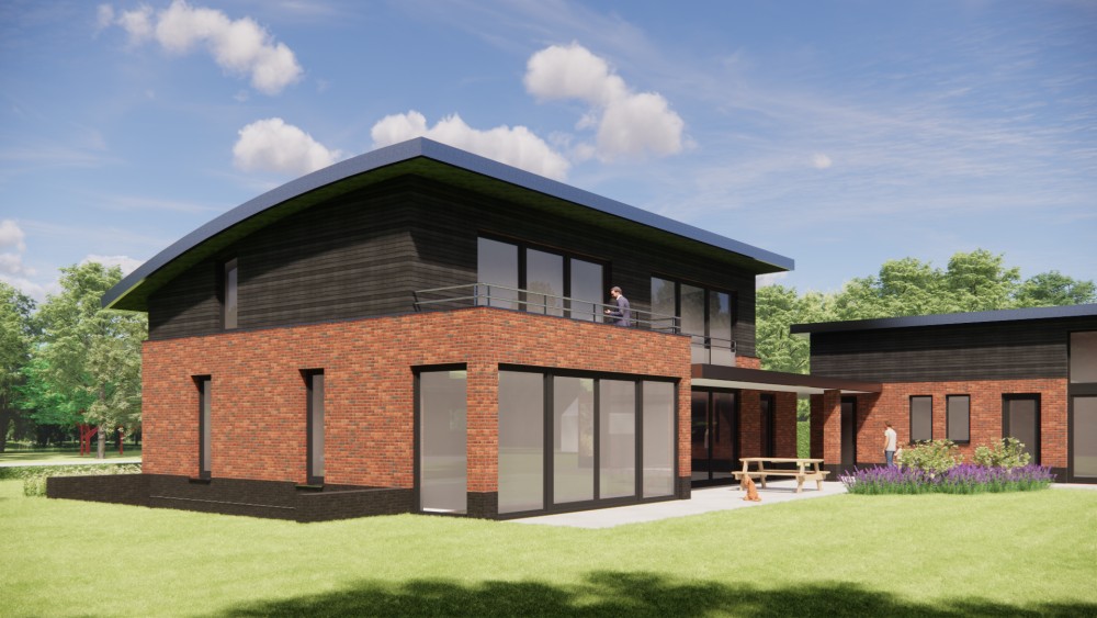 Afbeelding van Eigentijdse vrijstaande woning met gebogen groendak, metselwerkgevels en houten accenten - d2dfbc5b-dd6d-4dfd-854b-f9e5bef2e534