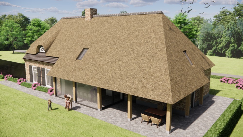 3D Render van vrijstaande boerderij met beige metselwerk, dakkapel en luiken 9