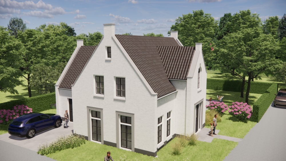 3D Render van jaren 30 woning met wit gekeimd metselwerk schoorsteen en zadeldak met gegolfde dakpannen 10