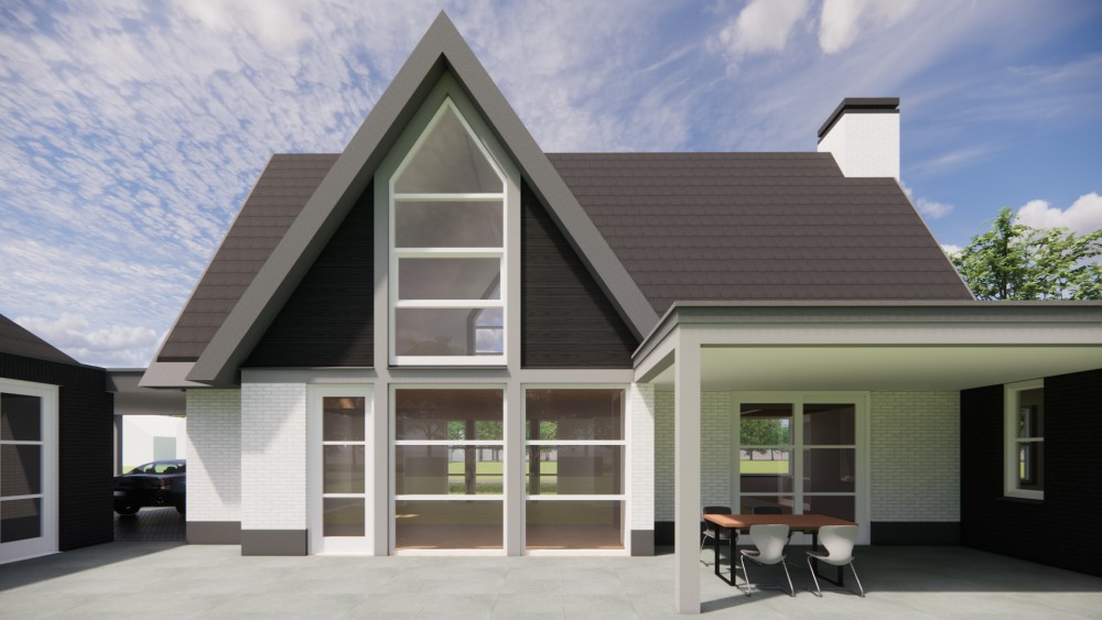 3D Render van vrijstaande moderne woning met wit en zwart metselwerk en zadeldak met vlakke dakpannen 7