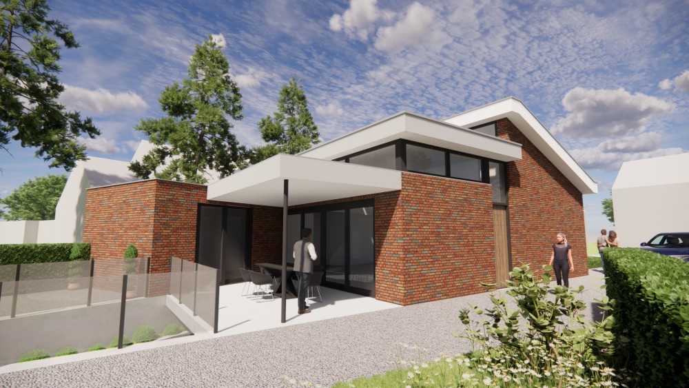 Afbeelding van Moderne vrijstaande woning in metselwerk met lessenaarsdak met vlakke dakpannen en verholen dakgoot - fb4d5532-a7d9-4a04-8acc-1fbba6d542bb