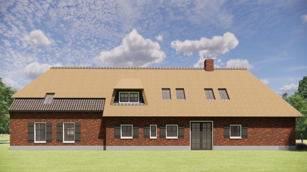 3D Render van rietgedekte landelijke woning met rood metselwerk en houten accenten 5