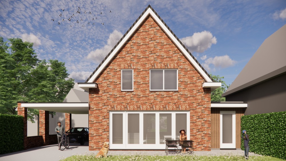 3D Render van traditionele jaren 30 woning met metselwerk gevel, dakkapel en zadeldak met dakoverstek 6